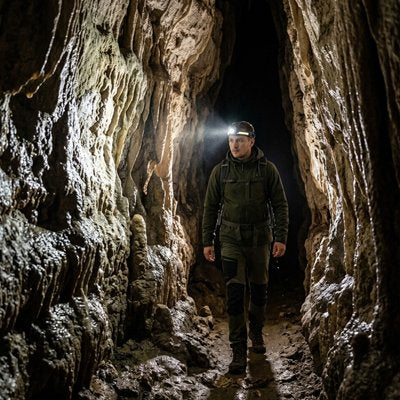 Homme marche nuit lampe frontale sur tête