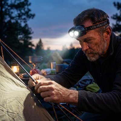 Homme monte soir avec lampes frontale tente bivouac