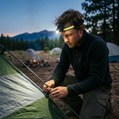 Homme monte tente bivouac lampe frontale sur tête