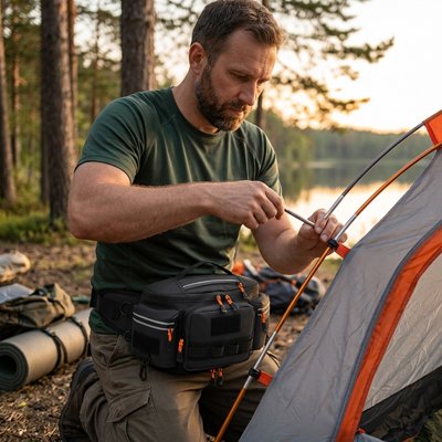 Homme-monte-tente-pour-bivouac-avec-banane-sacoche