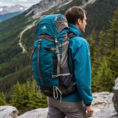 Homme observe paysage sac a dos randonnée 60 litres bleu
