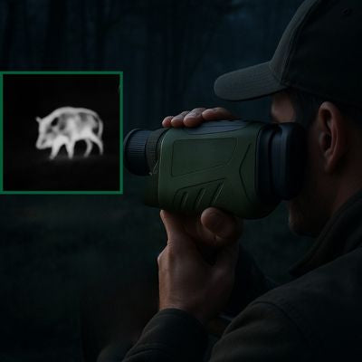 Homme observe sanglier monoculaire vision nocturne la nuit