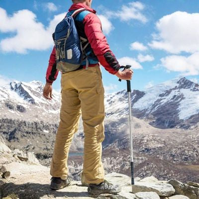 Homme observe vue panoramique batons de randonnée