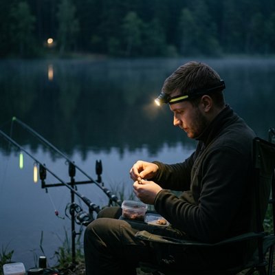 Homme pêche nuit lampe frontale sur tête