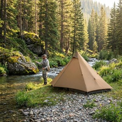 Homme pêche torrent côté tente 1 place