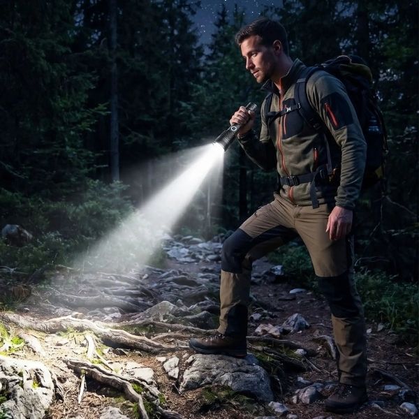 Homme pleine forêt s'éclaire avec lampe torche puissante rechargeable