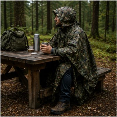 Homme poncho camouflage prend café table randonnée forêt