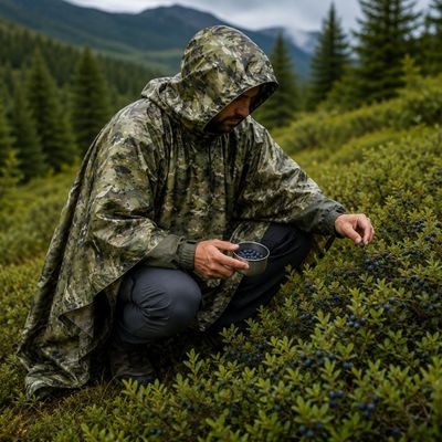 Homme poncho camouflage ramasse myrtilles