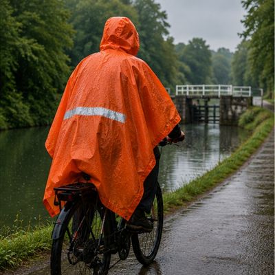 Homme poncho de pluie balade vélo voie verte