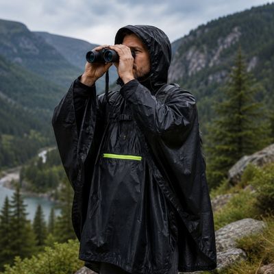 Homme poncho de pluie observe animal avec jumelles