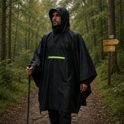 Homme poncho de pluie rando sentier balisé
