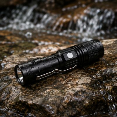 Homme pose rocher lampe de poche rechargeable
