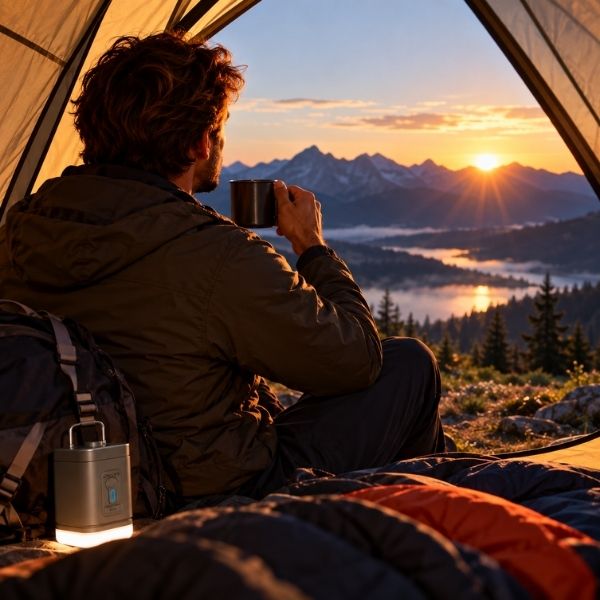 Homme prend café matin assis tente gonfleur matelas posé duvet