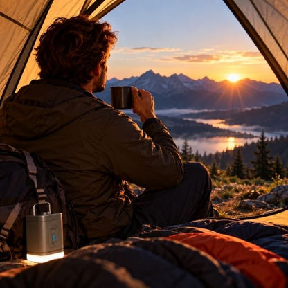 Homme prend café matin assis tente gonfleur matelas posé duvet
