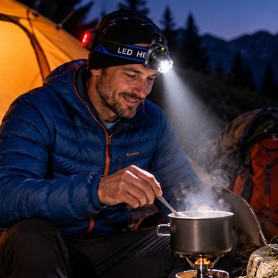 Homme prépare repas avec lampe frontale LED