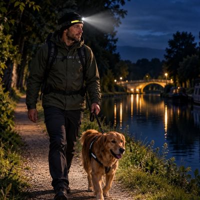 Homme randonne avec chien et puissante lampe frontale
