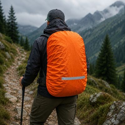 Homme randonne avec housse de pluie sac à dos