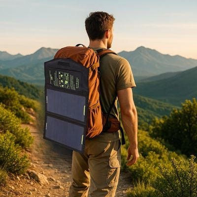 Homme randonne avec panneau solaire portable sur sac