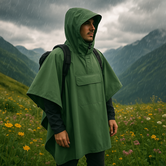 Homme randonne avec son poncho de pluie prairie altitude