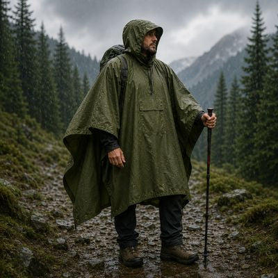 Homme randonne chemin montagne poncho randonnée