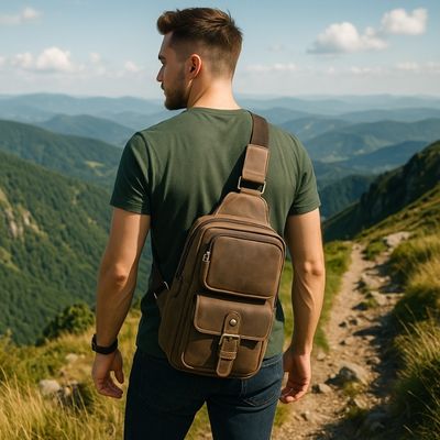 Homme randonne crêtes avec sacoche bandoulière homme dans dos