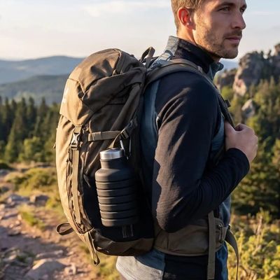 Homme randonne gourde pliable silicone 500 ml fixée sac dos