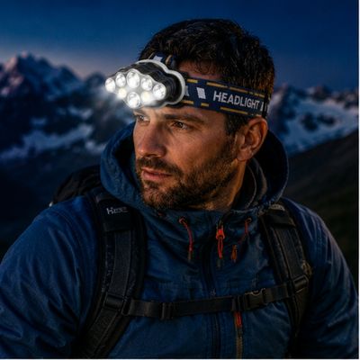 Homme randonne montagne avec lampe frontale LED rechargeable