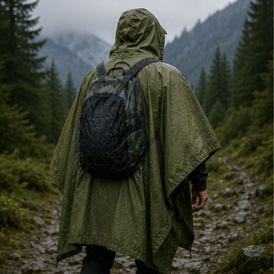 Homme randonne montagne sous averse poncho randonnée
