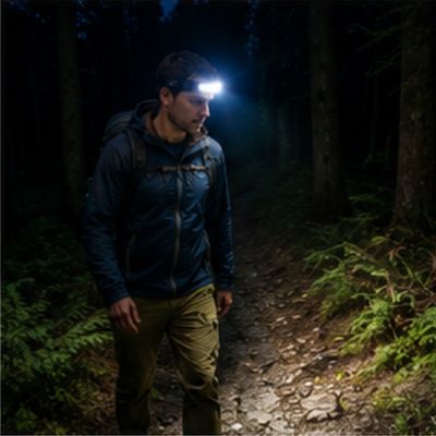 Homme randonne nuit lampe frontale bandeau LED