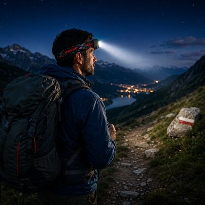Homme randonne soir avec lampe frontale rechargeable puissante