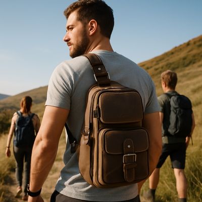 Homme randonne steppe avec sacoche bandoulière homme dans dos