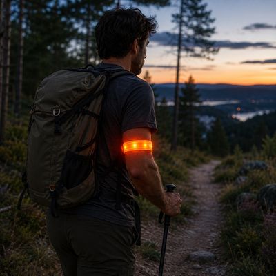 Homme randonne tombée nuit avec brassard lumineux LED
