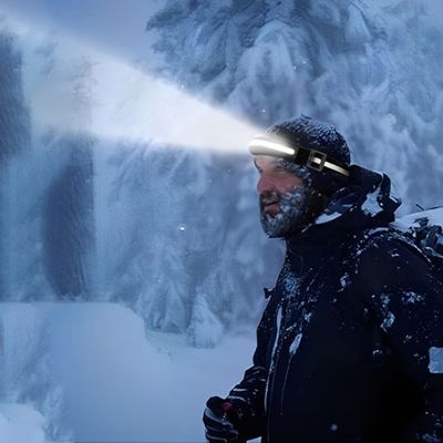 Homme randonnée montagne neige lampe frontale fiable