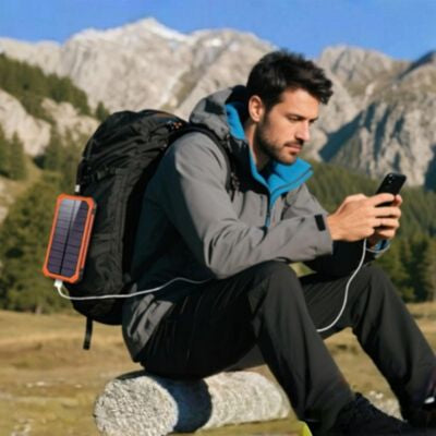 Homme randonnée montagne recharge téléphone batterie nomade solaire