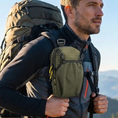 Homme randonnée sacoche bretelle sur sac à dos