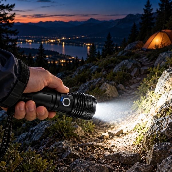 Homme rentre balade tard avec lampe torche puissante rechargeable