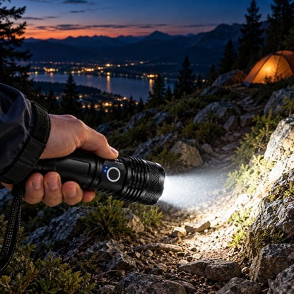 Homme rentre balade tard avec lampe torche puissante rechargeable
