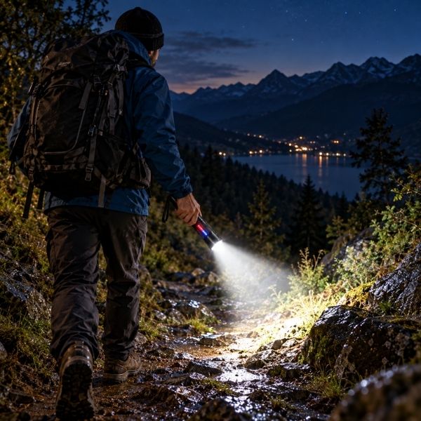 Homme rentre randonnée soir avec lampe torche rechargeable puissante