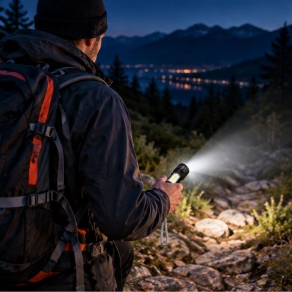 Homme s'éclaire avec lampe torche rechargeable fin balade soir