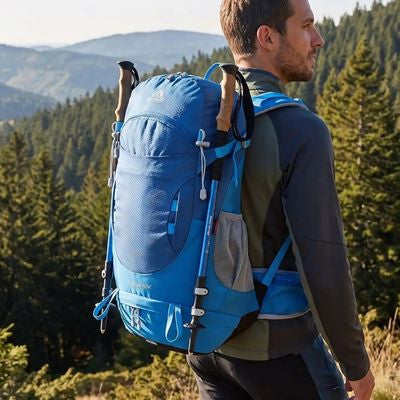 Homme sac à dos randonnée debout crêtes vosgiennes