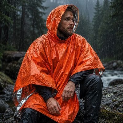 Homme sous averse couvert poncho de survie près ruisseau