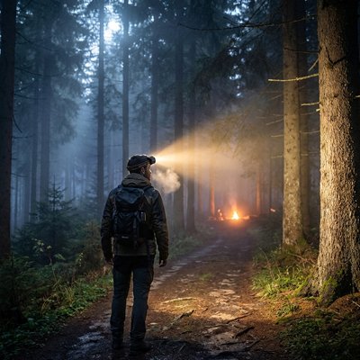 Homme sur chemin forestier soir lampes frontale