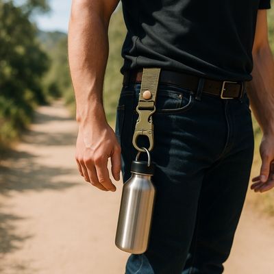 Homme transporte gourde dans mousqueton support bouteille