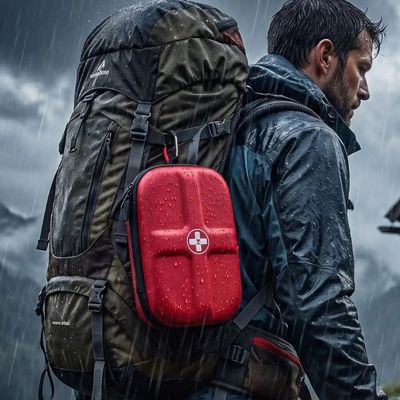 Homme trousse premier secours accrochée extérieur sac sous orage