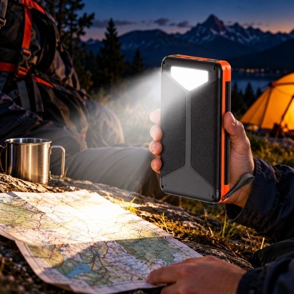 Homme utilise batterie externe 20000mah comme lampe torche