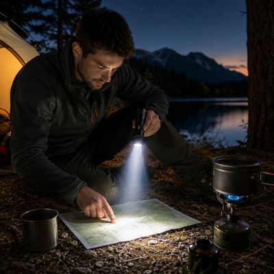 Homme utilise lampe torche Beam pendant bivouac
