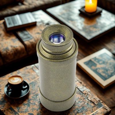 Jumelle monoculaire posée verticalement sur petite table bois