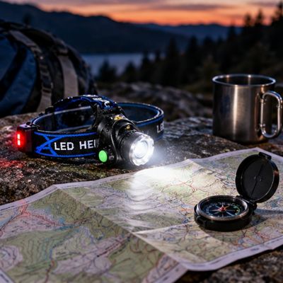 Lampe frontale LED posée table bivouac éclaire carte