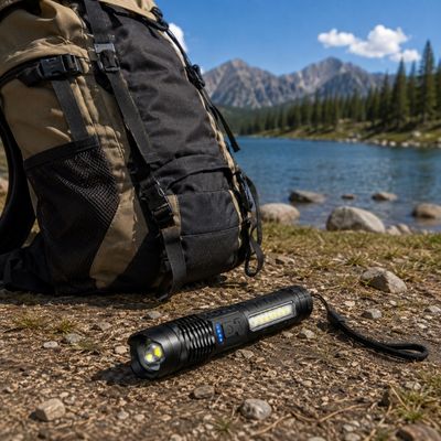 Lampe torche rechargeable posée côté sac pendant journée