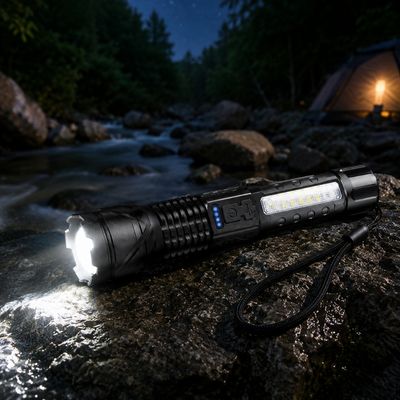 Lampe torche rechargeable posée rocher éclaire torrent